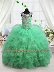 Hot Sale Apple Green Little Girl Pageant Gowns Party and Wedding Party and For with Beading and Ruffled Layers Scoop Sleeveless Lace Up