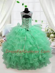 Hot Sale Apple Green Little Girl Pageant Gowns Party and Wedding Party and For with Beading and Ruffled Layers Scoop Sleeveless Lace Up
