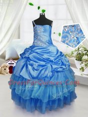 On Sale Organza Strapless Sleeveless Lace Up Beading and Ruffled Layers and Pick Ups Child Pageant Dress in Baby Blue