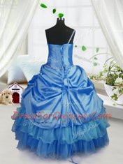 On Sale Organza Strapless Sleeveless Lace Up Beading and Ruffled Layers and Pick Ups Child Pageant Dress in Baby Blue