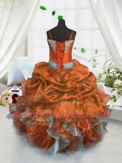 Rust Red Sleeveless Beading and Ruffles and Pick Ups Floor Length Girls Pageant Dresses
