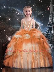 Fashionable Gold Ball Gowns Tulle Spaghetti Straps Sleeveless Beading and Ruffled Layers Floor Length Lace Up Little Girls Pageant Dress Wholesale