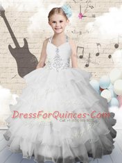 Halter Top White Organza Lace Up Little Girl Pageant Dress Sleeveless Floor Length Beading and Ruffled Layers