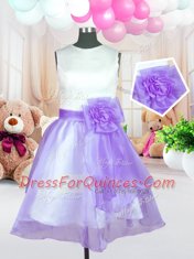 Shining Scoop Knee Length Lilac Flower Girl Dress Organza Sleeveless Hand Made Flower