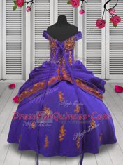 Pretty Off the Shoulder Purple Ball Gowns Beading and Appliques Kids Pageant Dress Lace Up Satin Sleeveless Floor Length
