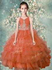 Modern Halter Top Orange Organza Zipper Pageant Gowns For Girls Sleeveless Floor Length Beading and Ruffled Layers