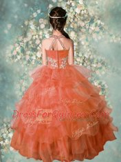 Modern Halter Top Orange Organza Zipper Pageant Gowns For Girls Sleeveless Floor Length Beading and Ruffled Layers