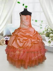 Cheap One Shoulder Orange Ball Gowns Beading and Ruffled Layers and Pick Ups Little Girl Pageant Gowns Lace Up Satin and Tulle Sleeveless Floor Length