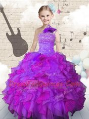 One Shoulder Sleeveless Floor Length Beading and Ruffles Lace Up Little Girls Pageant Dress with Purple