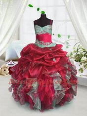 Custom Designed Ball Gowns Child Pageant Dress Red Spaghetti Straps Organza Sleeveless Floor Length Lace Up