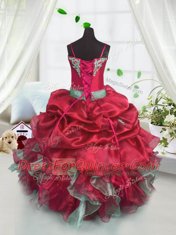 Custom Designed Ball Gowns Child Pageant Dress Red Spaghetti Straps Organza Sleeveless Floor Length Lace Up