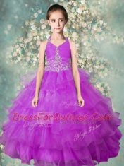 Custom Design Halter Top Lavender Sleeveless Floor Length Beading and Ruffled Layers Zipper Pageant Gowns For Girls