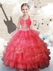 Halter Top Ruffled Layers Little Girls Pageant Dress Wholesale Coral Red Lace Up Sleeveless Floor Length