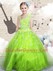 Stunning Sleeveless Lace Up Floor Length Beading and Appliques and Hand Made Flower Girls Pageant Dresses