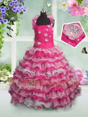 Floor Length Hot Pink Kids Pageant Dress Organza Sleeveless Beading and Appliques and Ruffled Layers