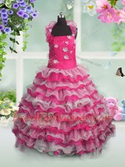 Floor Length Hot Pink Kids Pageant Dress Organza Sleeveless Beading and Appliques and Ruffled Layers