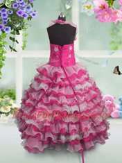 Floor Length Hot Pink Kids Pageant Dress Organza Sleeveless Beading and Appliques and Ruffled Layers