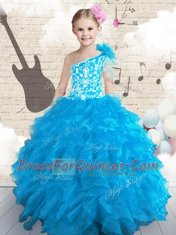 One Shoulder Baby Blue Organza Lace Up Little Girls Pageant Gowns Sleeveless Floor Length Embroidery and Ruffles and Hand Made Flower