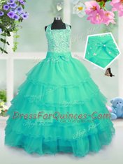 Extravagant Turquoise Ball Gowns Organza Square Sleeveless Beading and Ruffled Layers Floor Length Lace Up Kids Formal Wear