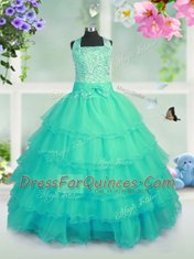 Extravagant Turquoise Ball Gowns Organza Square Sleeveless Beading and Ruffled Layers Floor Length Lace Up Kids Formal Wear