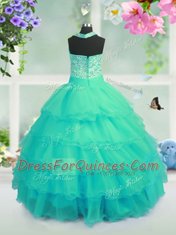 Extravagant Turquoise Ball Gowns Organza Square Sleeveless Beading and Ruffled Layers Floor Length Lace Up Kids Formal Wear