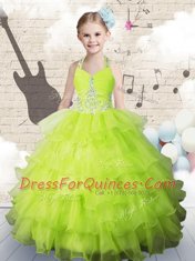 Classical Apple Green Organza Lace Up Girls Pageant Dresses Sleeveless Floor Length Beading and Ruffled Layers