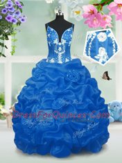 Edgy Aqua Blue V-neck Neckline Beading and Pick Ups Little Girl Pageant Gowns Sleeveless Lace Up