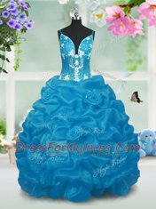 Fancy Baby Blue Ball Gowns V-neck Sleeveless Taffeta Floor Length Lace Up Beading and Pick Ups Flower Girl Dresses