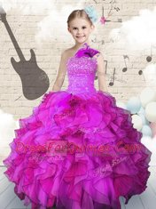 One Shoulder Fuchsia Lace Up Kids Pageant Dress Beading and Ruffles Sleeveless Floor Length