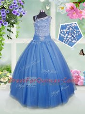 Clearance Baby Blue Ball Gowns Beading Flower Girl Dresses for Less Side Zipper Tulle Sleeveless Floor Length