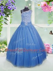 Clearance Baby Blue Ball Gowns Beading Flower Girl Dresses for Less Side Zipper Tulle Sleeveless Floor Length
