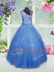 Clearance Baby Blue Ball Gowns Beading Flower Girl Dresses for Less Side Zipper Tulle Sleeveless Floor Length