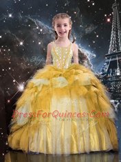 Ruffled Ball Gowns Child Pageant Dress Gold Spaghetti Straps Tulle Sleeveless Floor Length Lace Up