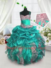 Vintage Sleeveless Floor Length Beading and Ruffles and Pick Ups Lace Up Flower Girl Dresses for Less with Turquoise
