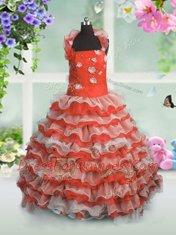 Best Ruffled Straps Sleeveless Lace Up Toddler Flower Girl Dress Coral Red Organza