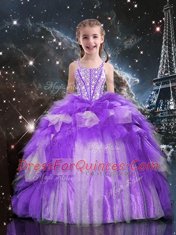 Spaghetti Straps Sleeveless Little Girls Pageant Dress Floor Length Beading and Ruffles Purple Organza