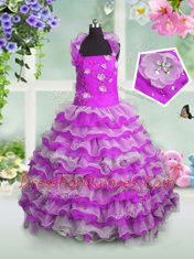Best Selling Beading and Appliques and Ruffled Layers Toddler Flower Girl Dress Fuchsia Lace Up Sleeveless Floor Length