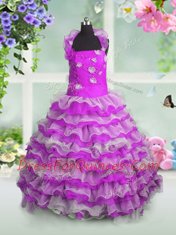 Best Selling Beading and Appliques and Ruffled Layers Toddler Flower Girl Dress Fuchsia Lace Up Sleeveless Floor Length
