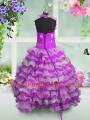 Best Selling Beading and Appliques and Ruffled Layers Toddler Flower Girl Dress Fuchsia Lace Up Sleeveless Floor Length