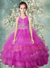 Sexy Halter Top Fuchsia Organza Zipper Kids Pageant Dress Sleeveless Floor Length Beading and Ruffled Layers