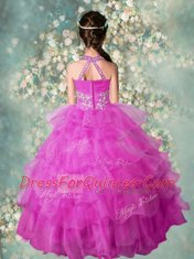Sexy Halter Top Fuchsia Organza Zipper Kids Pageant Dress Sleeveless Floor Length Beading and Ruffled Layers