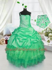 Satin and Tulle Sleeveless Floor Length Little Girls Pageant Gowns and Beading and Ruffled Layers and Pick Ups