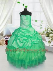 Satin and Tulle Sleeveless Floor Length Little Girls Pageant Gowns and Beading and Ruffled Layers and Pick Ups