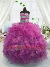 Fashionable Beading and Ruffles Little Girls Pageant Gowns Fuchsia Lace Up Sleeveless Floor Length