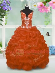 Sleeveless Taffeta Floor Length Lace Up Pageant Gowns For Girls in Orange with Beading and Pick Ups