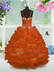 Sleeveless Taffeta Floor Length Lace Up Pageant Gowns For Girls in Orange with Beading and Pick Ups