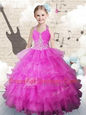 Adorable Halter Top Fuchsia Sleeveless Floor Length Beading and Ruffled Layers Lace Up Flower Girl Dress