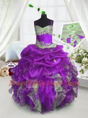 Pick Ups Spaghetti Straps Sleeveless Lace Up Little Girls Pageant Gowns Lavender Organza