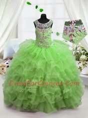Scoop Organza Lace Up Pageant Gowns For Girls Sleeveless Floor Length Beading and Ruffled Layers