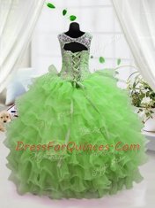 Scoop Organza Lace Up Pageant Gowns For Girls Sleeveless Floor Length Beading and Ruffled Layers